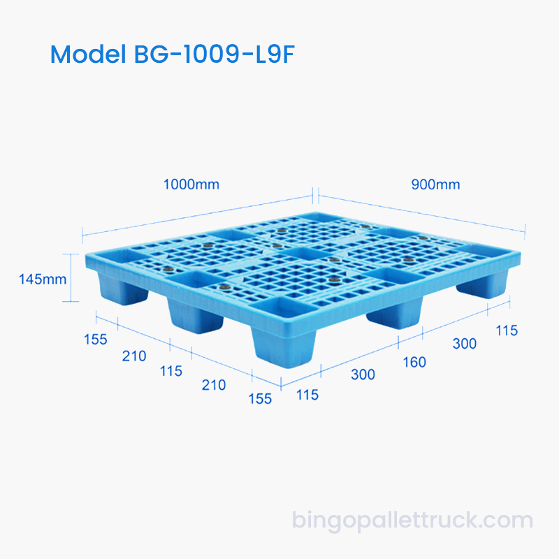 1000x900mm Single-Sided Light Duty Plastic Pallet with Grid Deck and 9 Feet